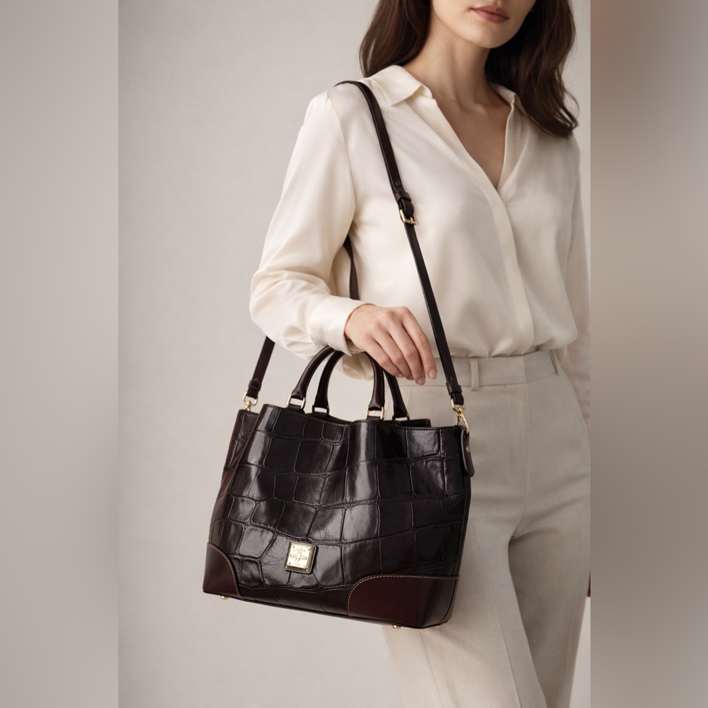 Dooney & Bourke Oakdale Brenna Satchel Croc Embossed Leather Espresso Handbag